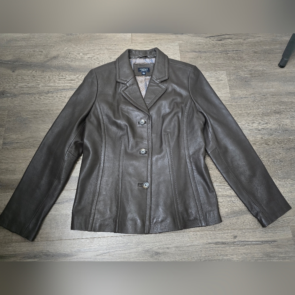 Sonoma Deep Chocolate Brown Lambskin Leather Button Jacket Womens Size Large